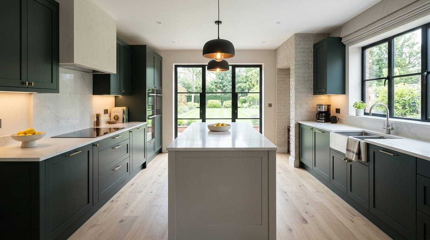 Wide view of a newly completed bespoke Mastercraft kitchen, modern shaker cabinetry in gunmetal grey tones