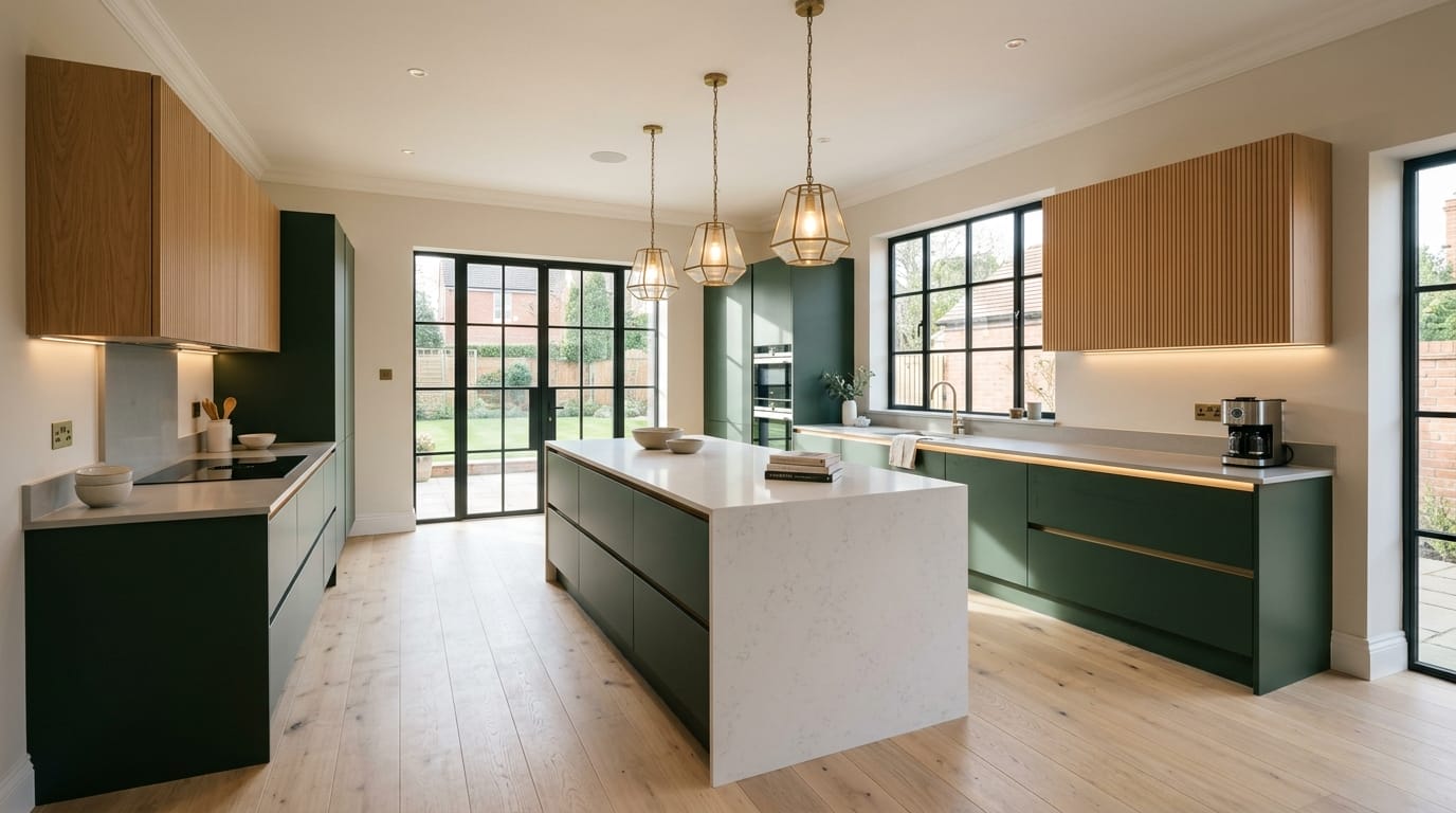 Wide view of a newly completed bespoke Mastercraft kitchen, matt painted handleless slab cabinetry in airforce tones