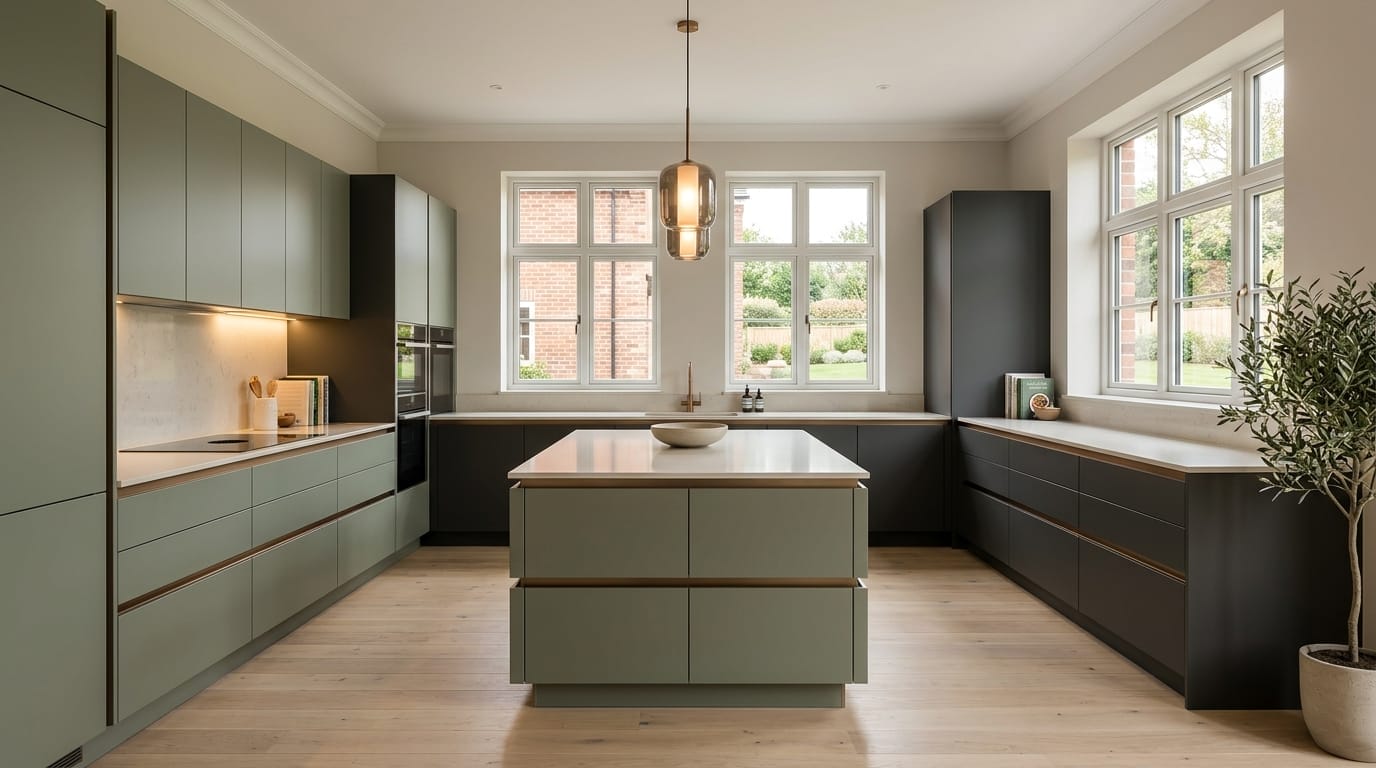 Wide view of a newly completed bespoke Mastercraft kitchen, contemporary painted lay-on cabinetry in gunmetal grey tones
