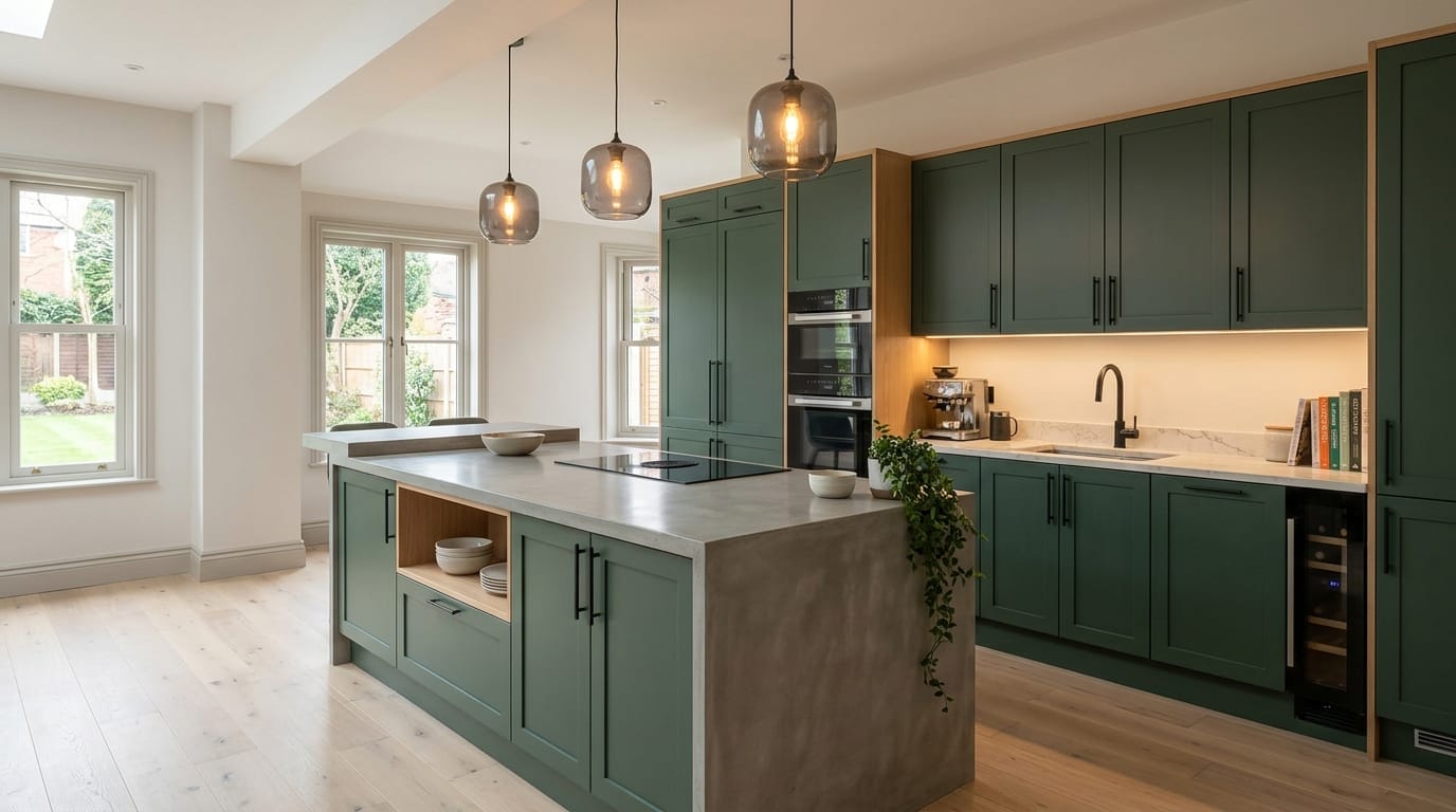 Wide view of a newly completed bespoke Mastercraft kitchen, timber veneer slab-door cabinetry in light grey tones