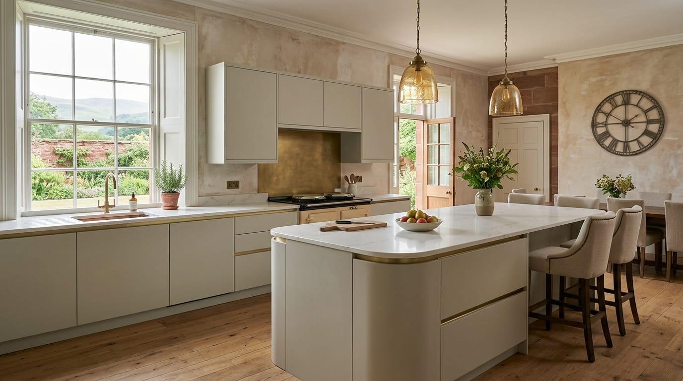 Wide view of a bespoke Mastercraft kitchen, matt painted handleless slab cabinetry in warm off white tones