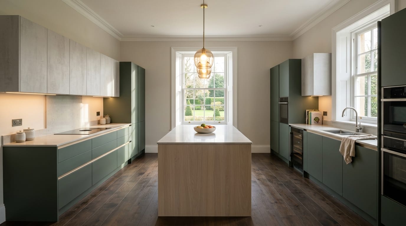 Wide view of a newly completed bespoke Mastercraft kitchen, contemporary painted lay-on cabinetry in stone grey tones