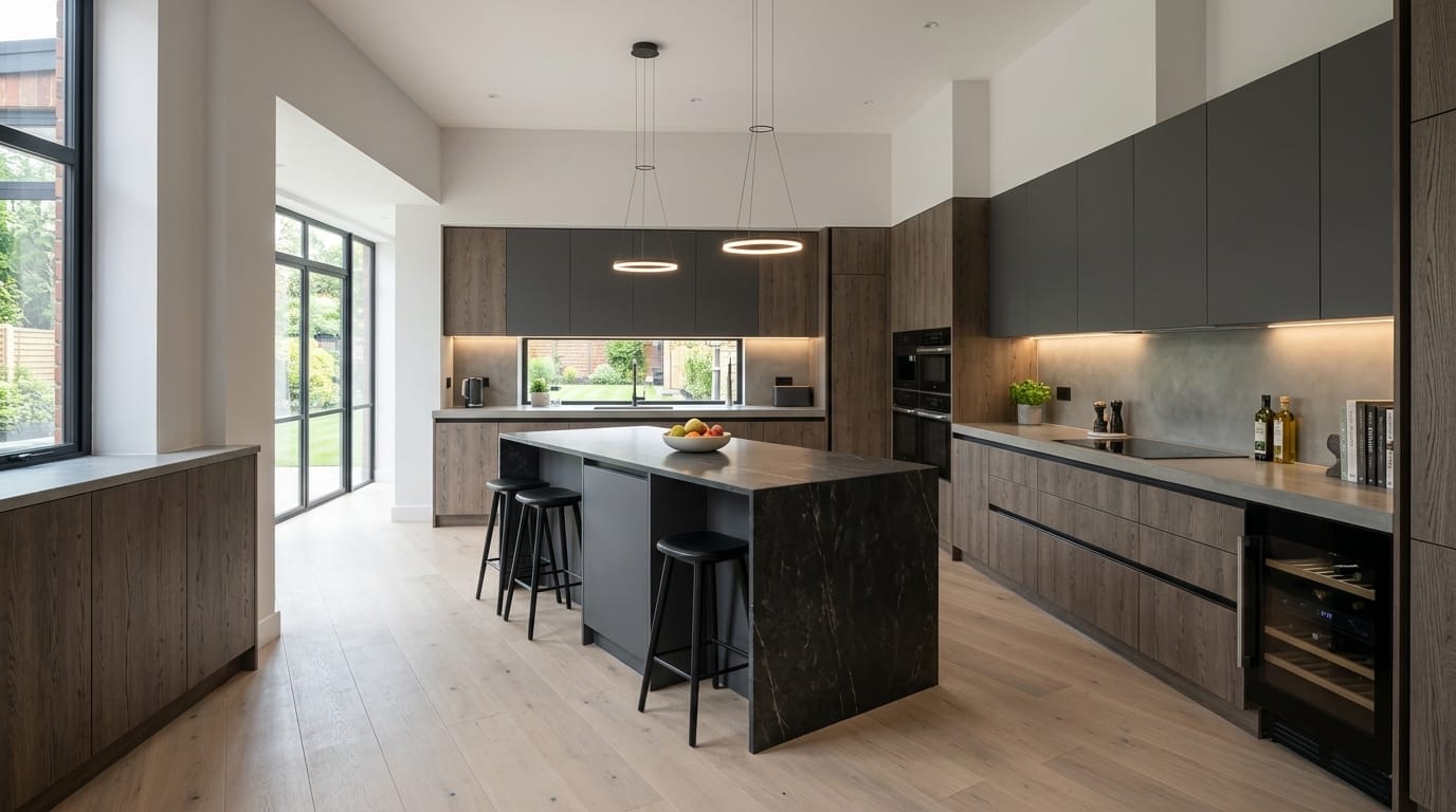 Wide view of a newly completed bespoke Mastercraft kitchen, modern shaker cabinetry in reed green tones