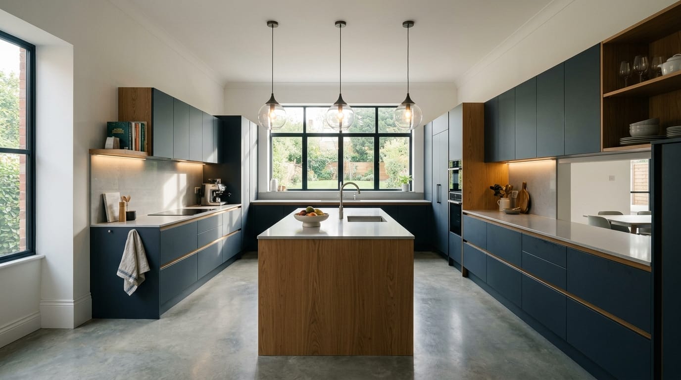 Wide view of a newly completed bespoke Mastercraft kitchen, modern shaker cabinetry in marine tones