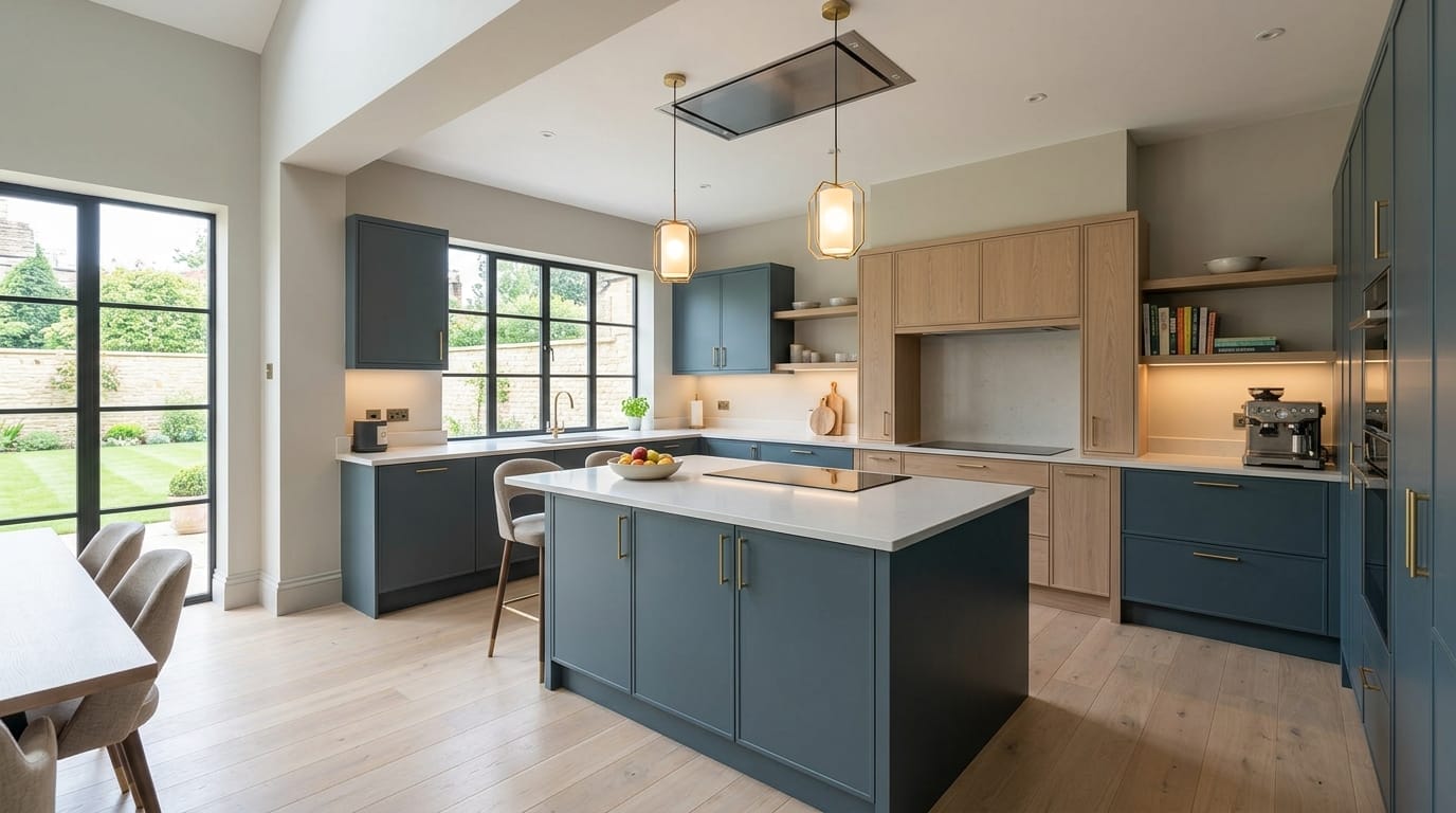 Wide view of a newly completed bespoke Mastercraft kitchen, matt painted handleless slab cabinetry in cashmere tones