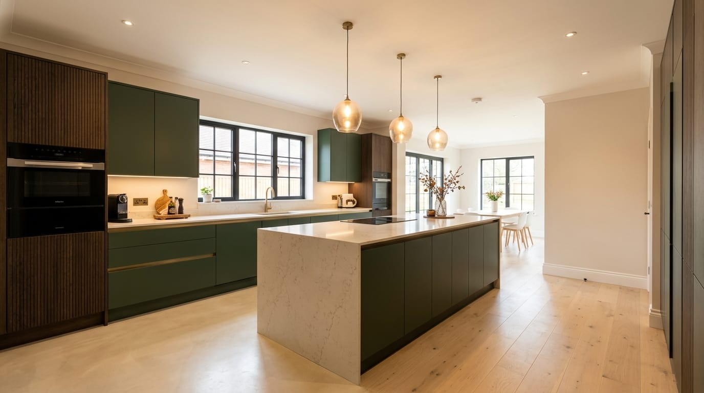 Wide view of a newly completed bespoke Mastercraft kitchen, modern shaker cabinetry in indigo tones