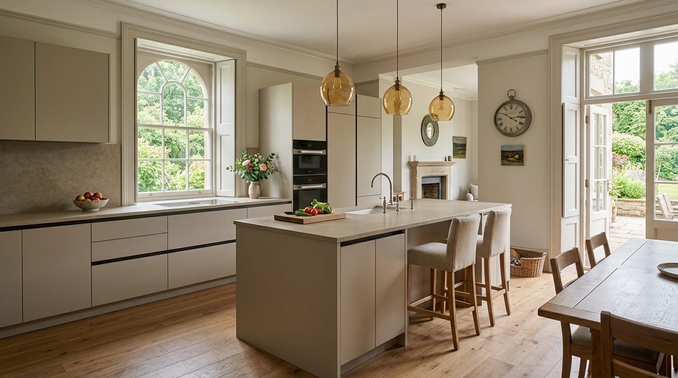 Wide view of a bespoke Mastercraft kitchen in a Hexham home, matt painted handleless slab cabinetry in putty tones