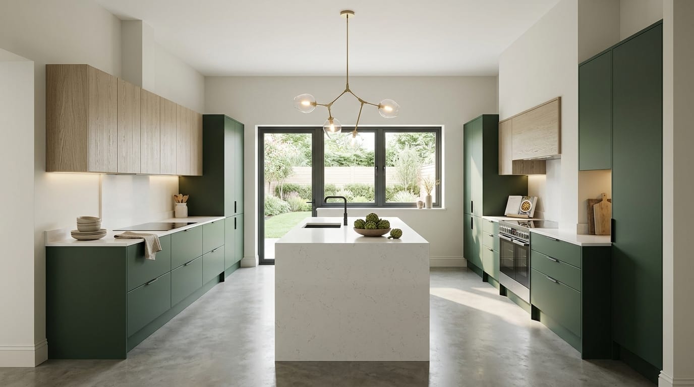 Wide view of a newly completed bespoke Mastercraft kitchen, contemporary painted lay-on cabinetry in light grey tones