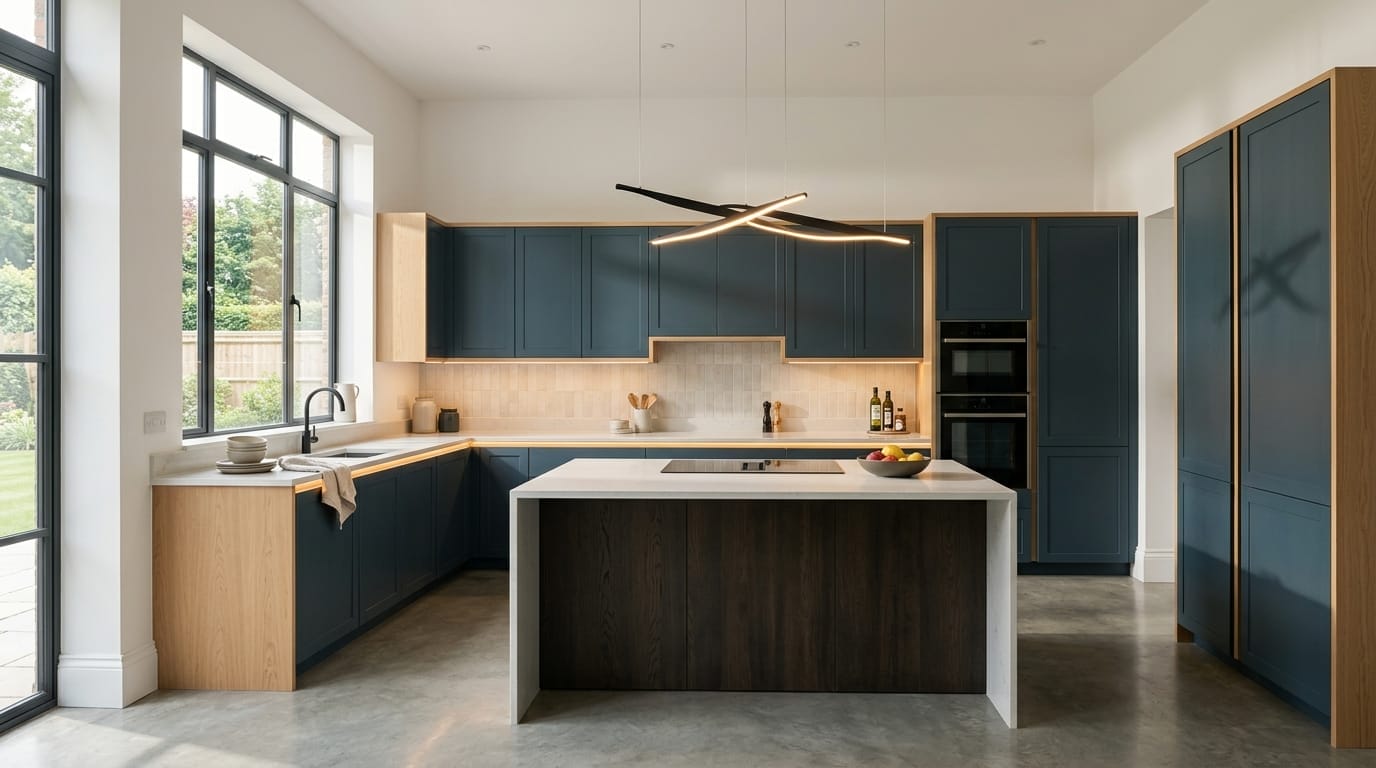 Wide view of a newly completed bespoke Mastercraft kitchen, modern shaker cabinetry in pantry blue tones