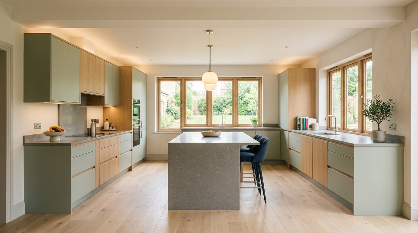 Wide view of a newly completed bespoke Mastercraft kitchen, timber veneer slab-door cabinetry in porcelain tones