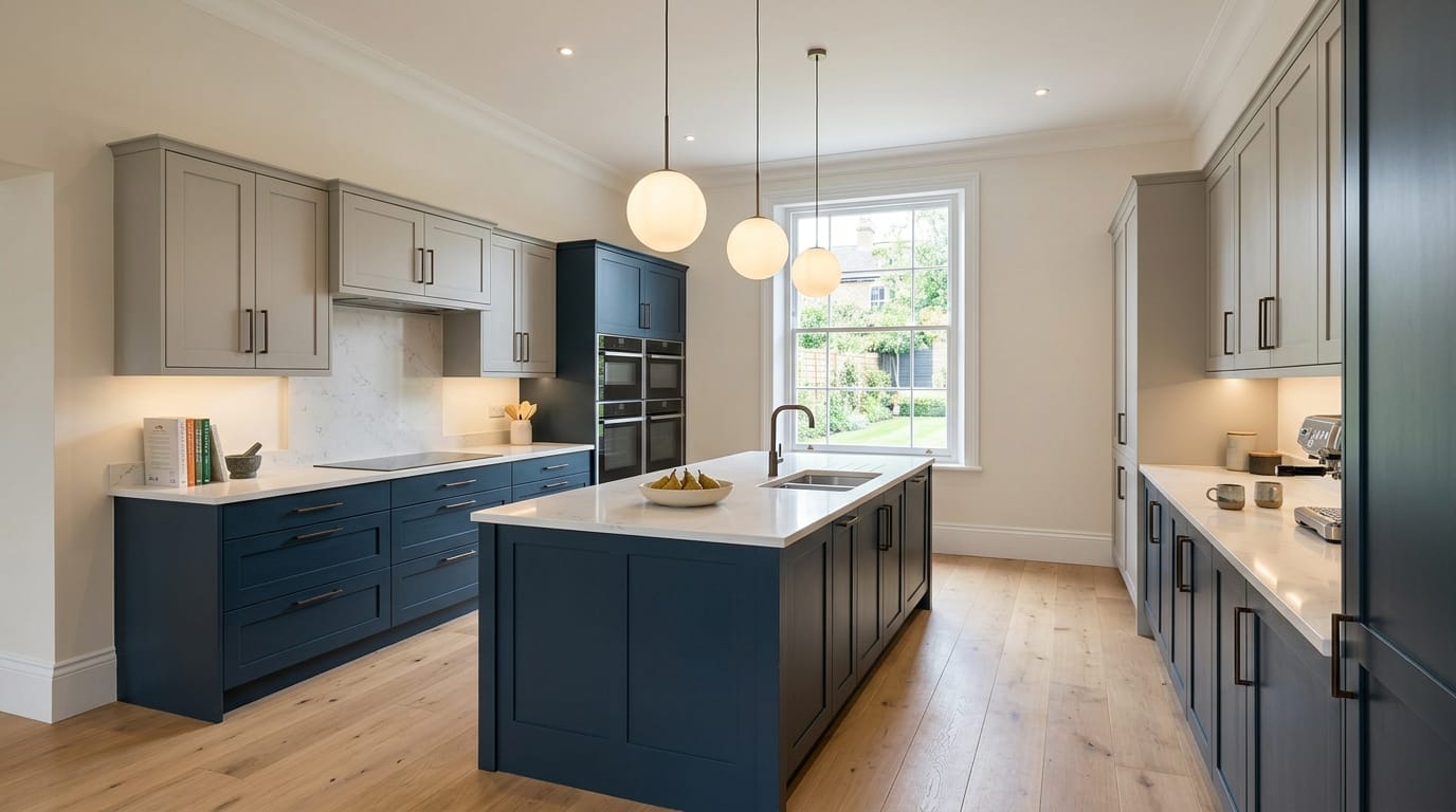 Wide view of a newly completed bespoke Mastercraft kitchen, timber veneer slab-door cabinetry in dust grey tones