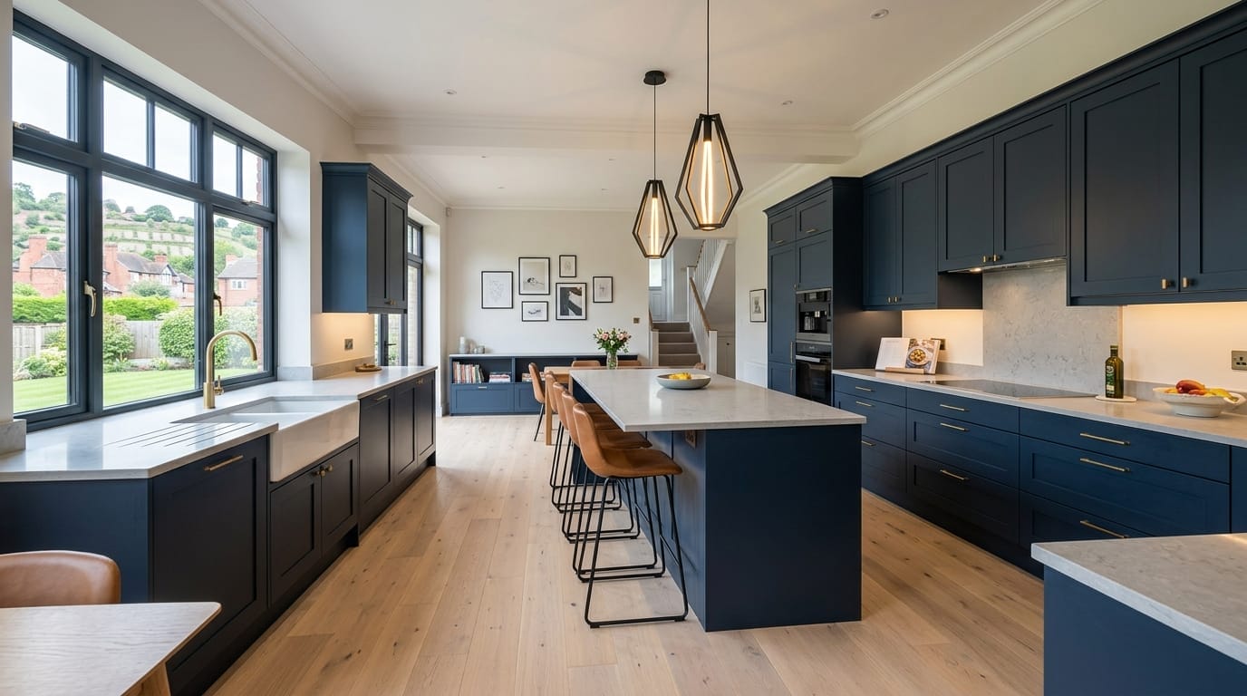 Wide view of a newly completed bespoke Mastercraft kitchen, timber veneer slab-door cabinetry in lava tones
