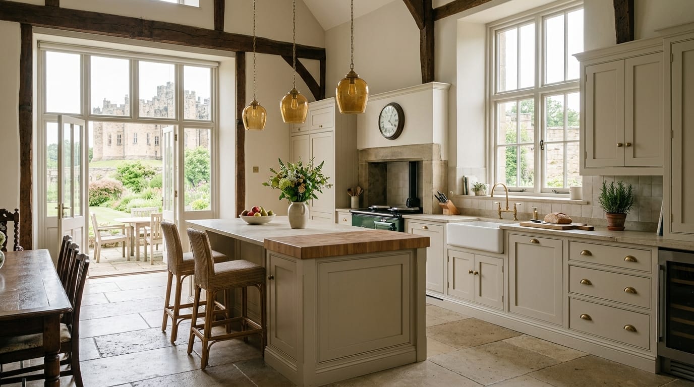 light cream kitchen with wooden beams, large windows and central island