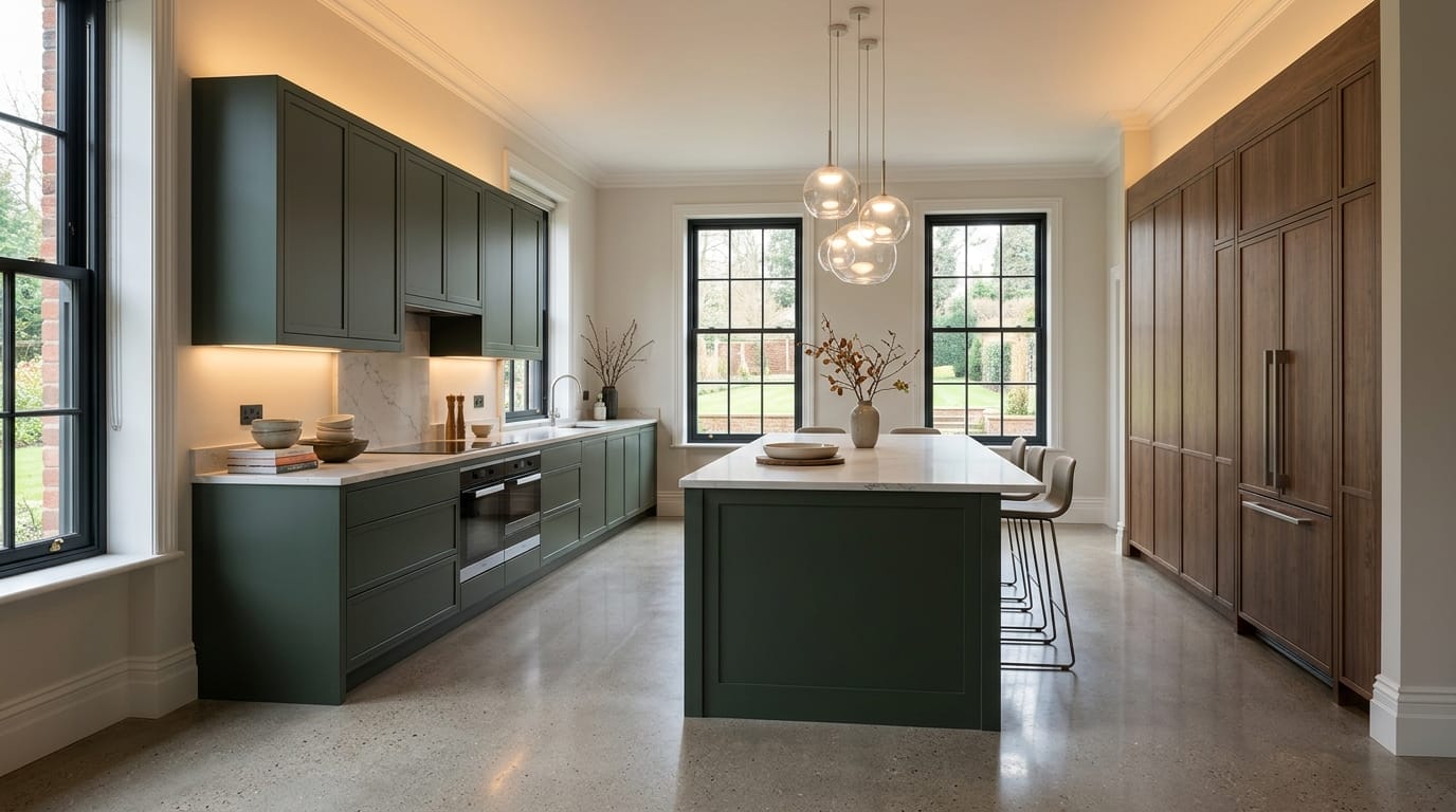 Wide view of a newly completed bespoke Mastercraft kitchen, timber veneer slab-door cabinetry in cashmere tones