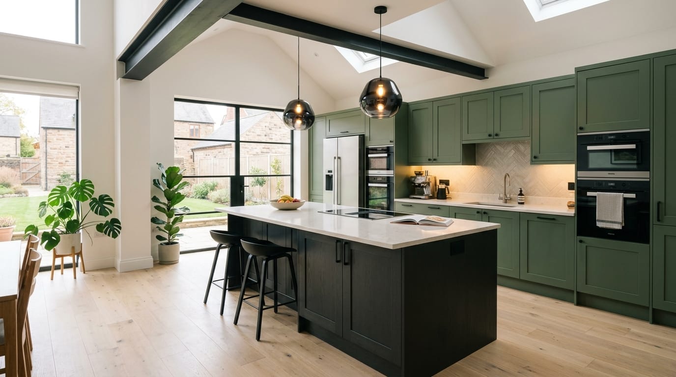 Wide view of a newly completed bespoke Mastercraft kitchen, matt painted handleless slab cabinetry in parisian blue tones