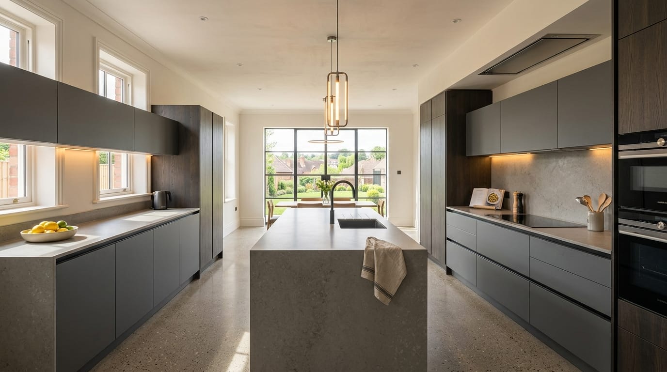 Wide view of a newly completed bespoke Mastercraft kitchen, modern shaker cabinetry in heritage green tones