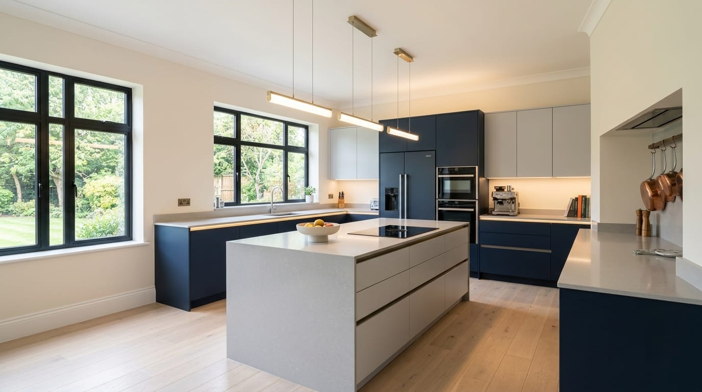 Wide view of a newly completed bespoke Mastercraft kitchen, contemporary painted lay-on cabinetry in light grey tones