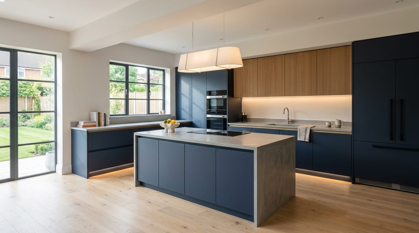Wide view of a newly completed bespoke Mastercraft kitchen, contemporary painted lay-on cabinetry in cashmere tones
