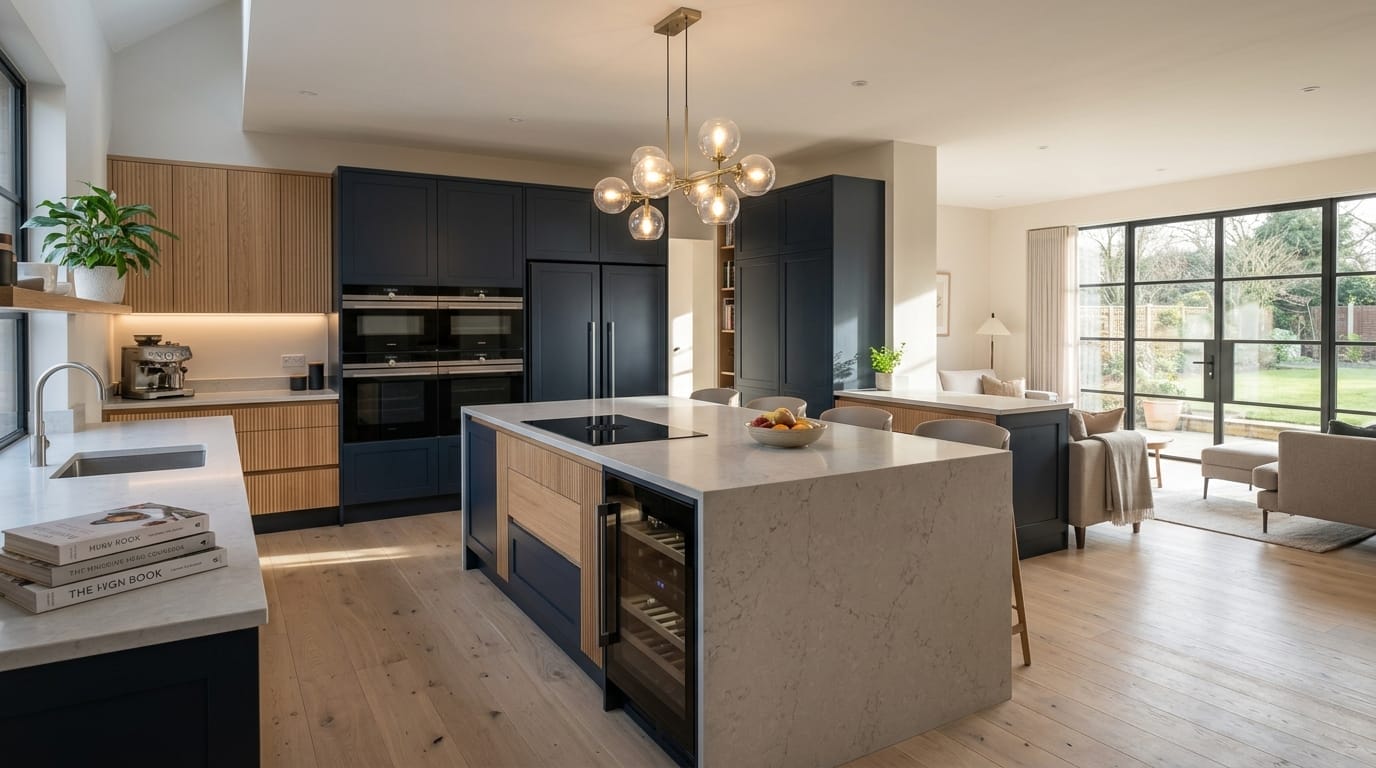 Wide view of a newly completed bespoke Mastercraft kitchen, contemporary painted lay-on cabinetry in deep forest tones