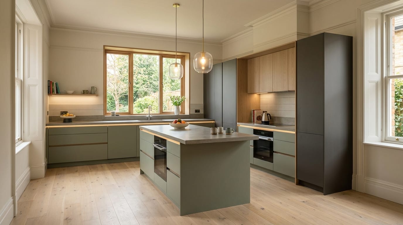 Wide view of a newly completed bespoke Mastercraft kitchen in a Kettering home, timber veneer slab-door cabinetry in brilliant white tones