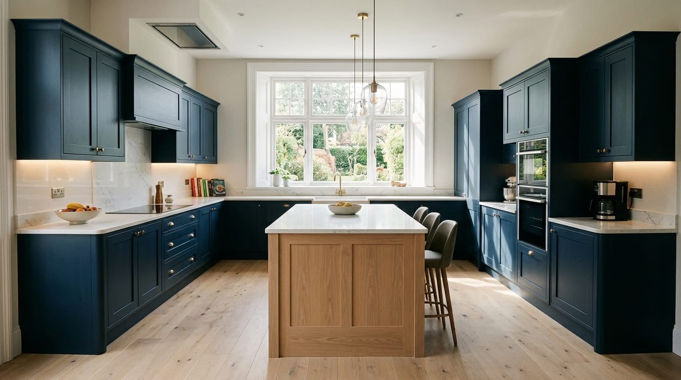 Wide view of a newly completed bespoke Mastercraft kitchen, timber veneer slab-door cabinetry in porcelain tones