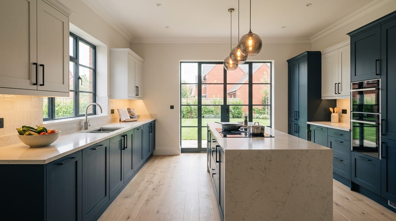 Wide view of a newly completed bespoke Mastercraft kitchen, timber veneer slab-door cabinetry in monument grey tones