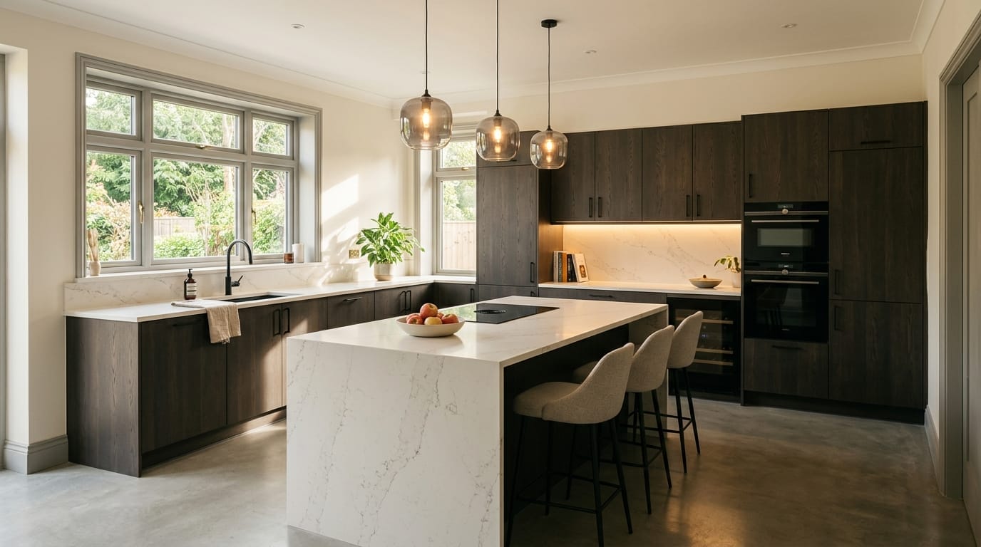 Wide view of a newly completed bespoke Mastercraft kitchen in a Watford home, contemporary painted lay-on cabinetry in airforce tones