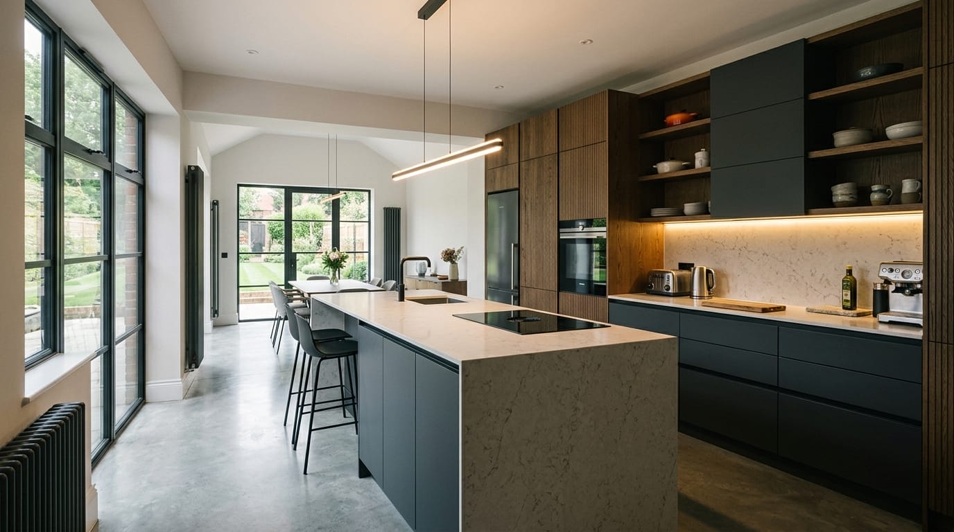 Wide view of a newly completed bespoke Mastercraft kitchen in a Hemel Hempstead home, modern shaker cabinetry in deep forest tones