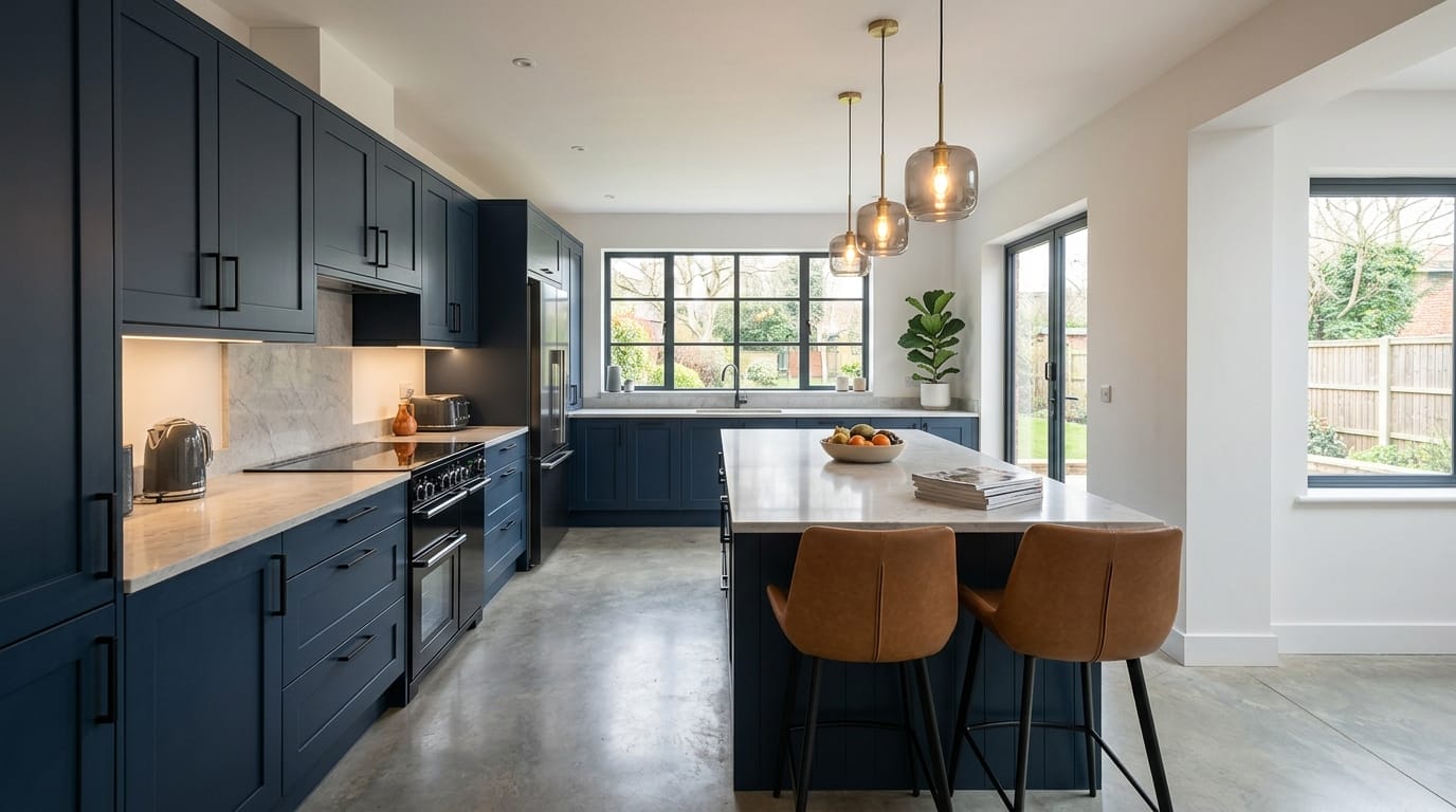 Wide view of a newly completed bespoke Mastercraft kitchen in a Stevenage home, contemporary painted lay-on cabinetry in lava tones