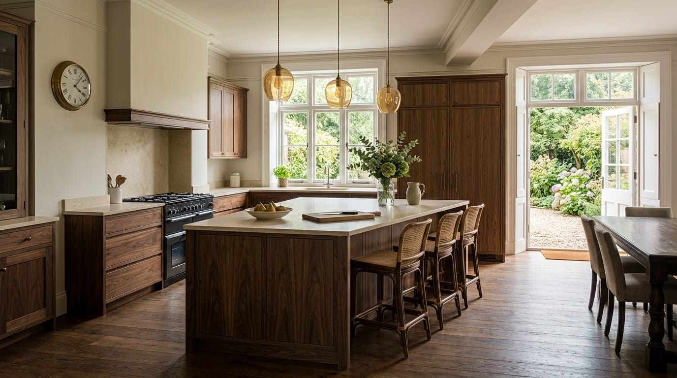 Wide view of a bespoke Mastercraft kitchen in a Ponteland home, timber veneer slab-door cabinetry in dark walnut tones