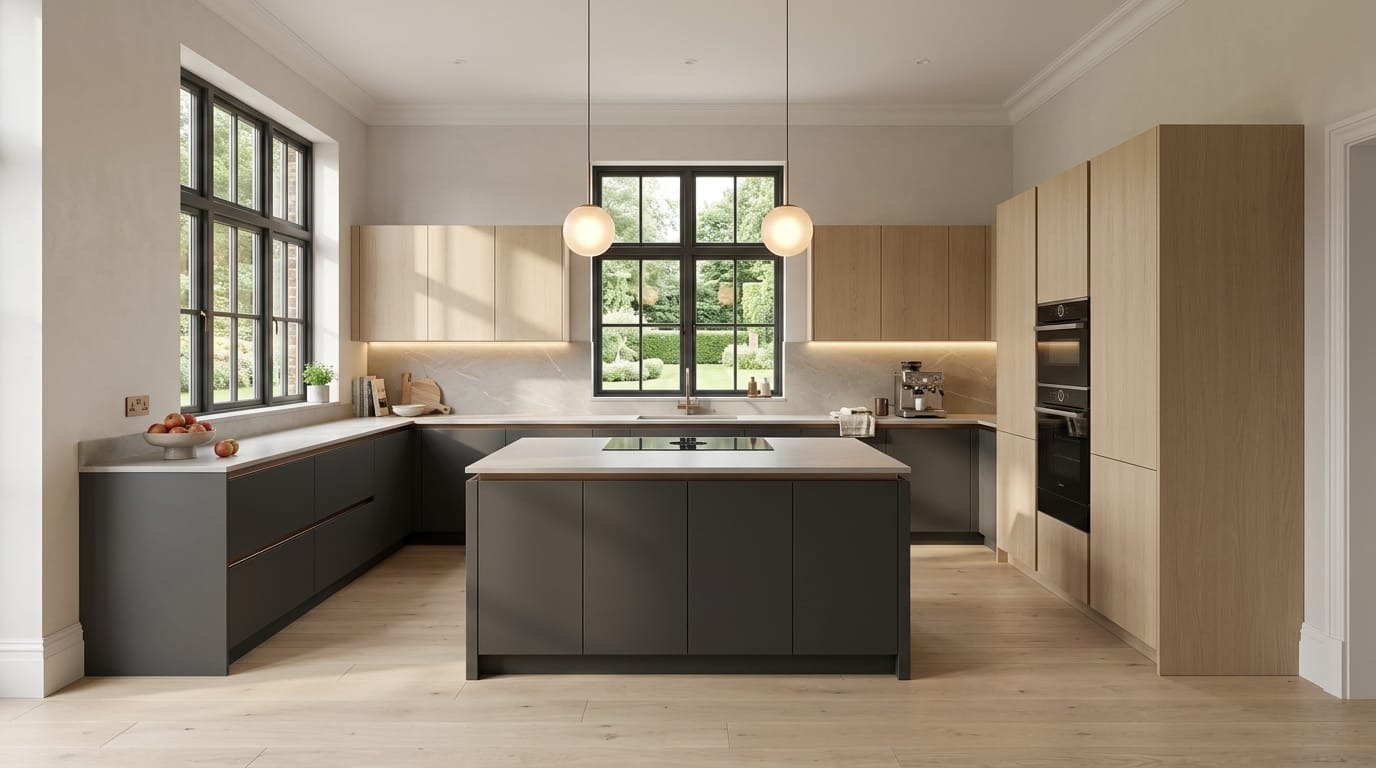 Wide view of a newly completed bespoke Mastercraft kitchen in a Hatfield home, timber veneer slab-door cabinetry in stone grey tones