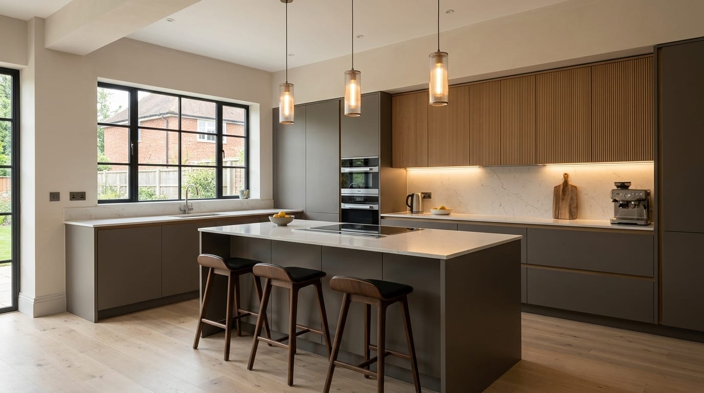 Wide view of a newly completed bespoke Mastercraft kitchen in a Cheshunt home, modern shaker cabinetry in brilliant white tones