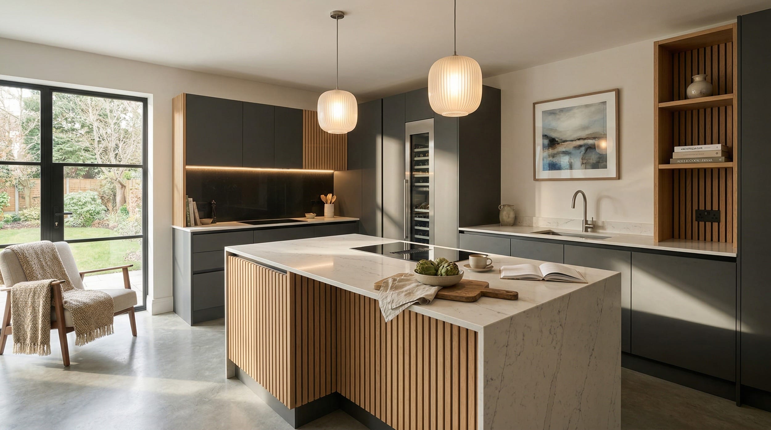 Wide view of a newly completed bespoke Mastercraft kitchen, modern shaker cabinetry in brilliant white tones