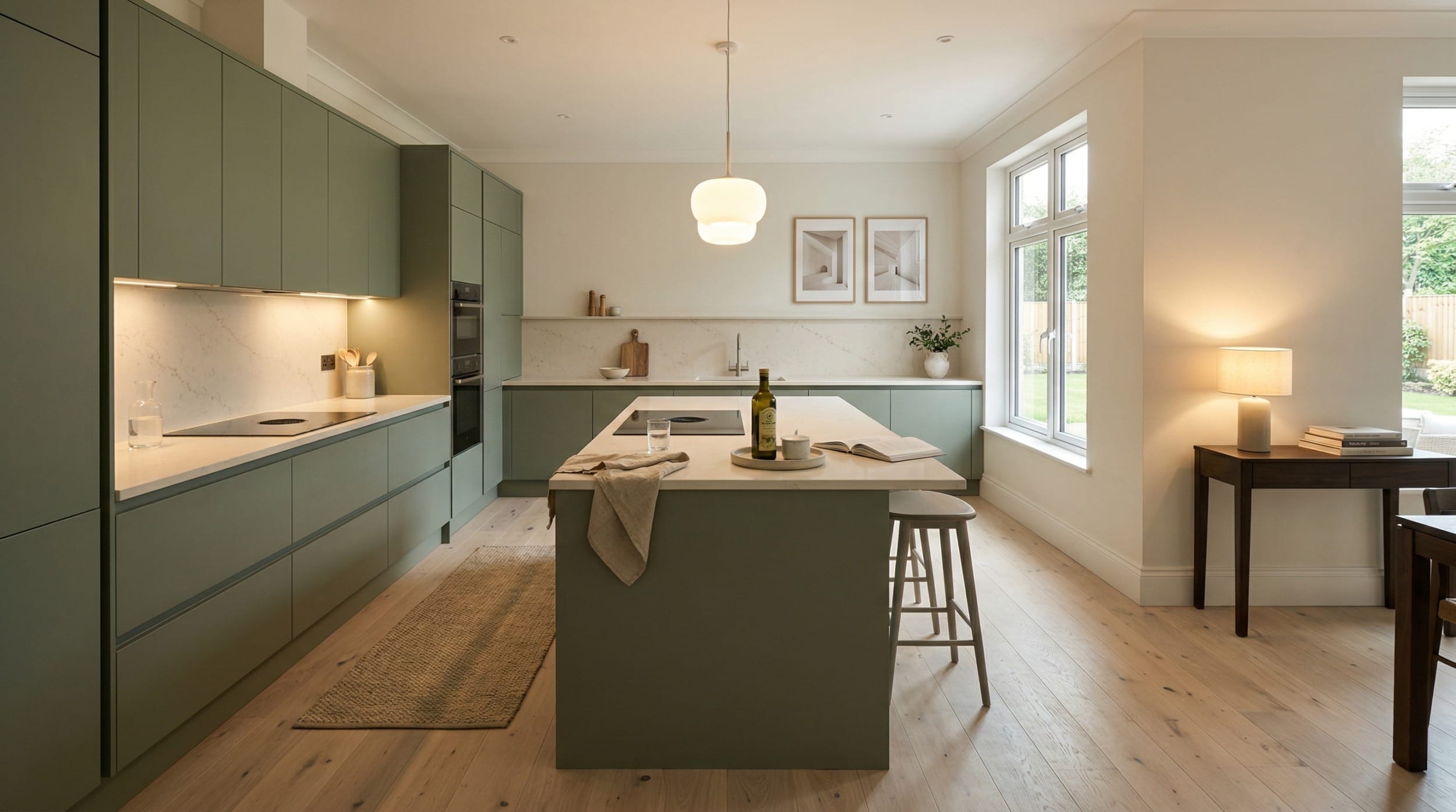 Wide view of a newly completed bespoke Mastercraft kitchen, contemporary painted lay-on cabinetry in willow tones
