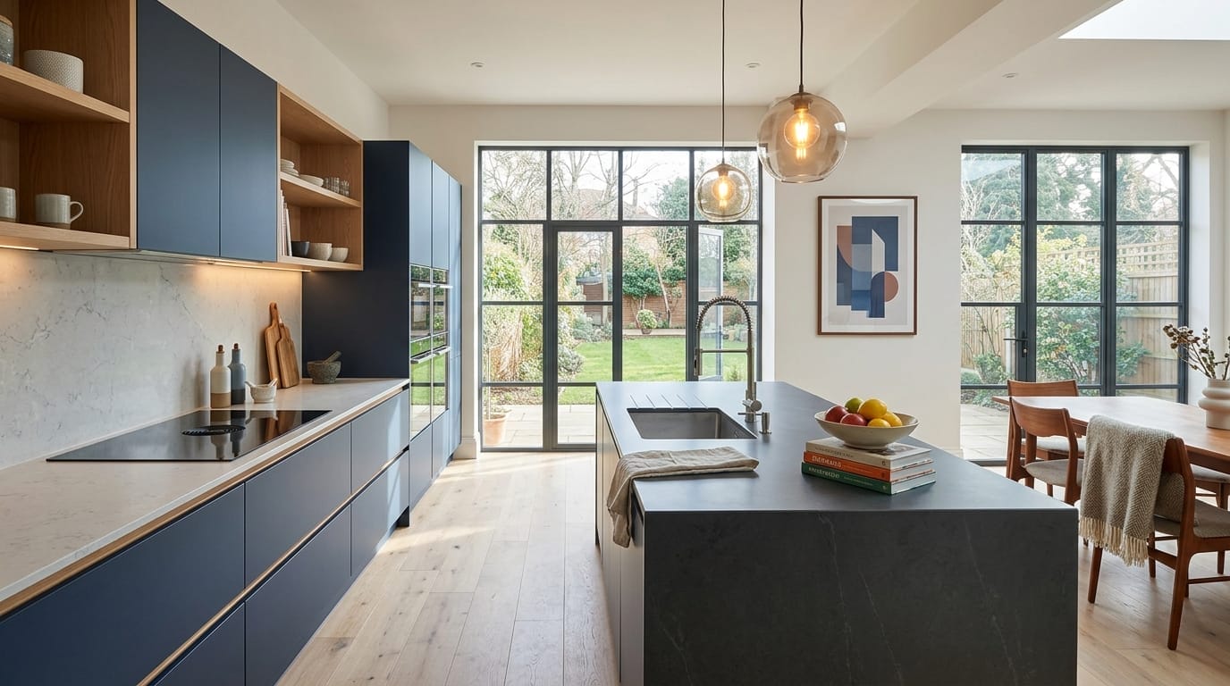 Wide view of a newly completed bespoke Mastercraft kitchen in a Slough home, contemporary painted lay-on cabinetry in viridian tones