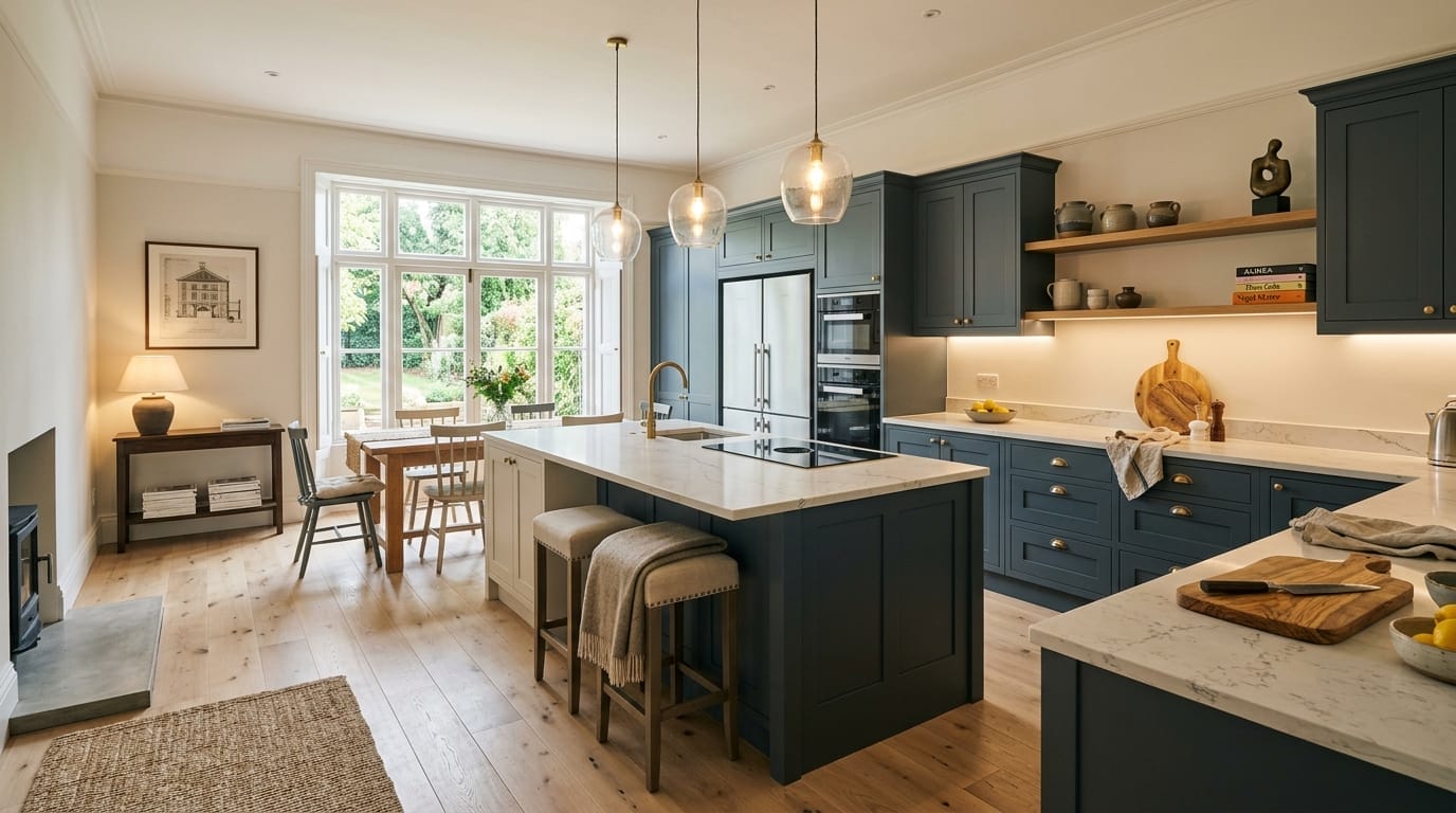 Wide view of a newly completed bespoke Mastercraft kitchen in a Abingdon-on-Thames home, contemporary painted lay-on cabinetry in taupe grey tones