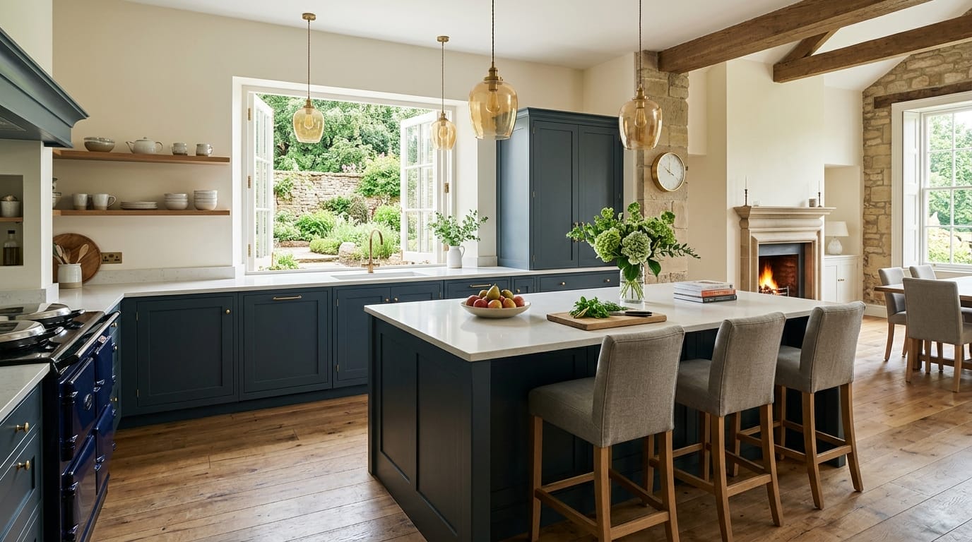 Wide view of a bespoke Mastercraft kitchen in a Corbridge home, contemporary painted lay-on cabinetry in deep blue grey tones
