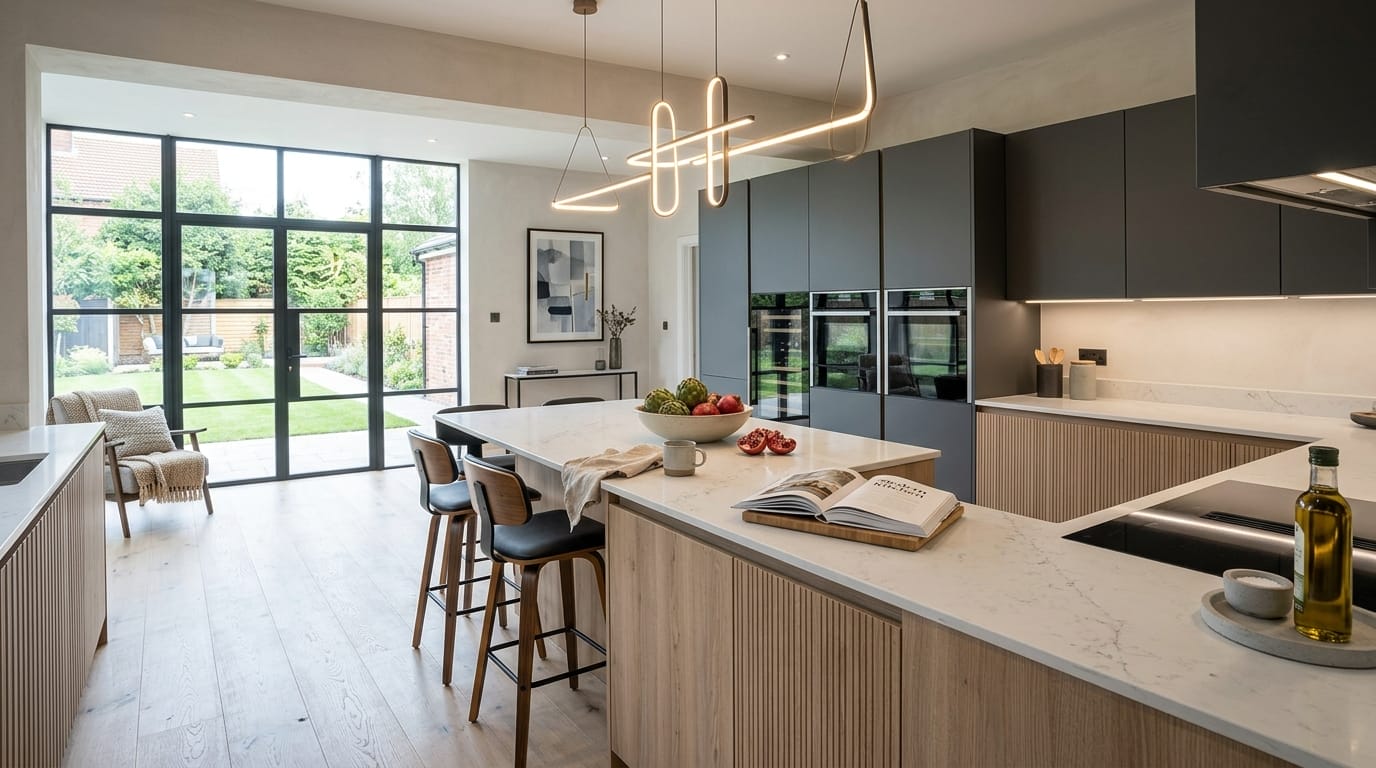 Wide view of a newly completed bespoke Mastercraft kitchen, contemporary in-frame cabinetry in ivory tones