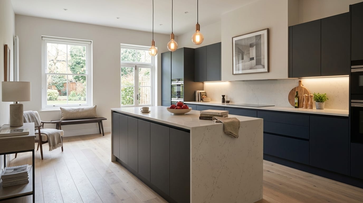 Wide view of a newly completed bespoke Mastercraft kitchen in a Amersham home, modern shaker cabinetry in gunmetal grey tones