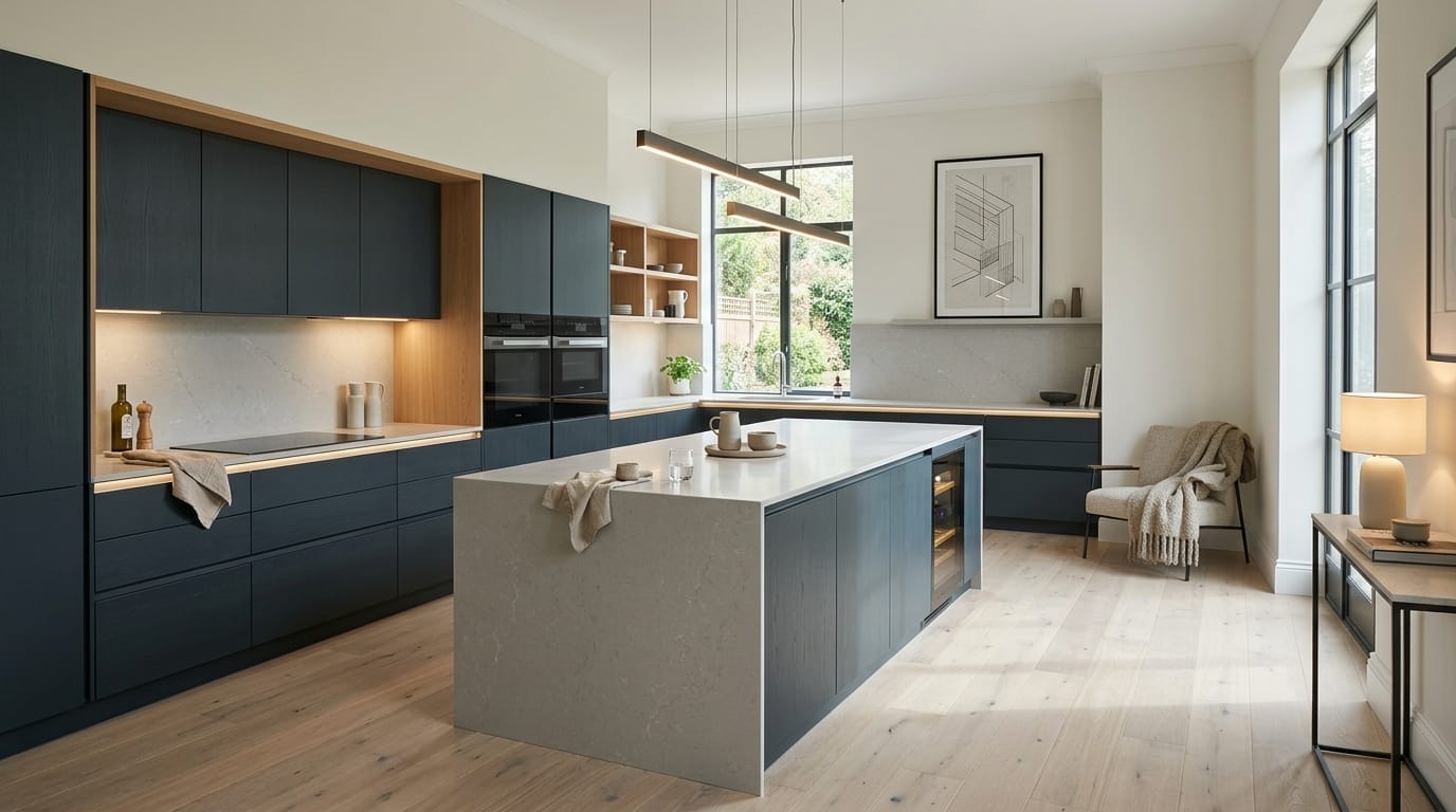 Wide view of a newly completed bespoke Mastercraft kitchen, matt painted handleless slab cabinetry in porcelain tones