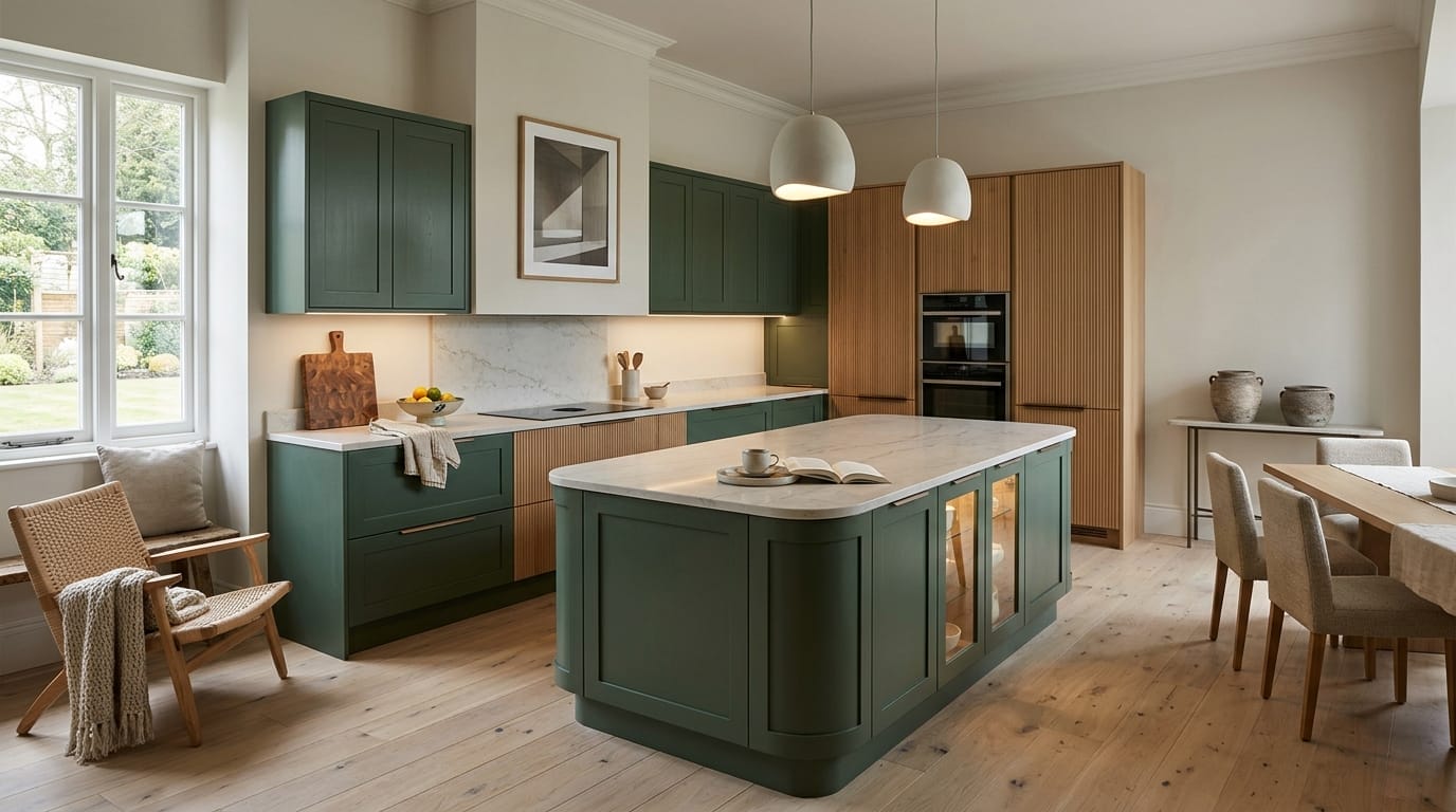 Wide view of a newly completed bespoke Mastercraft kitchen, contemporary painted lay-on cabinetry in viridian tones