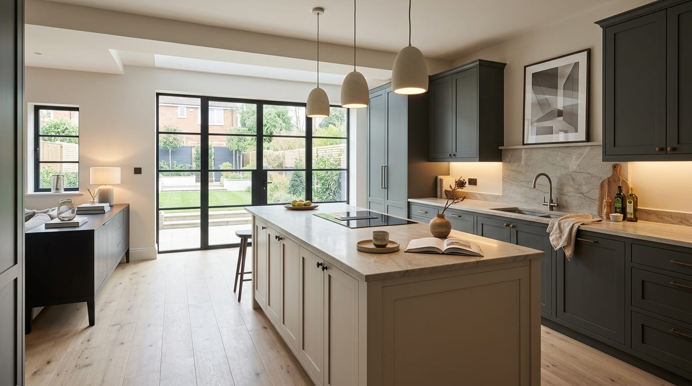 Wide view of a newly completed bespoke Mastercraft kitchen in a Beaconsfield home, modern shaker cabinetry in light grey tones