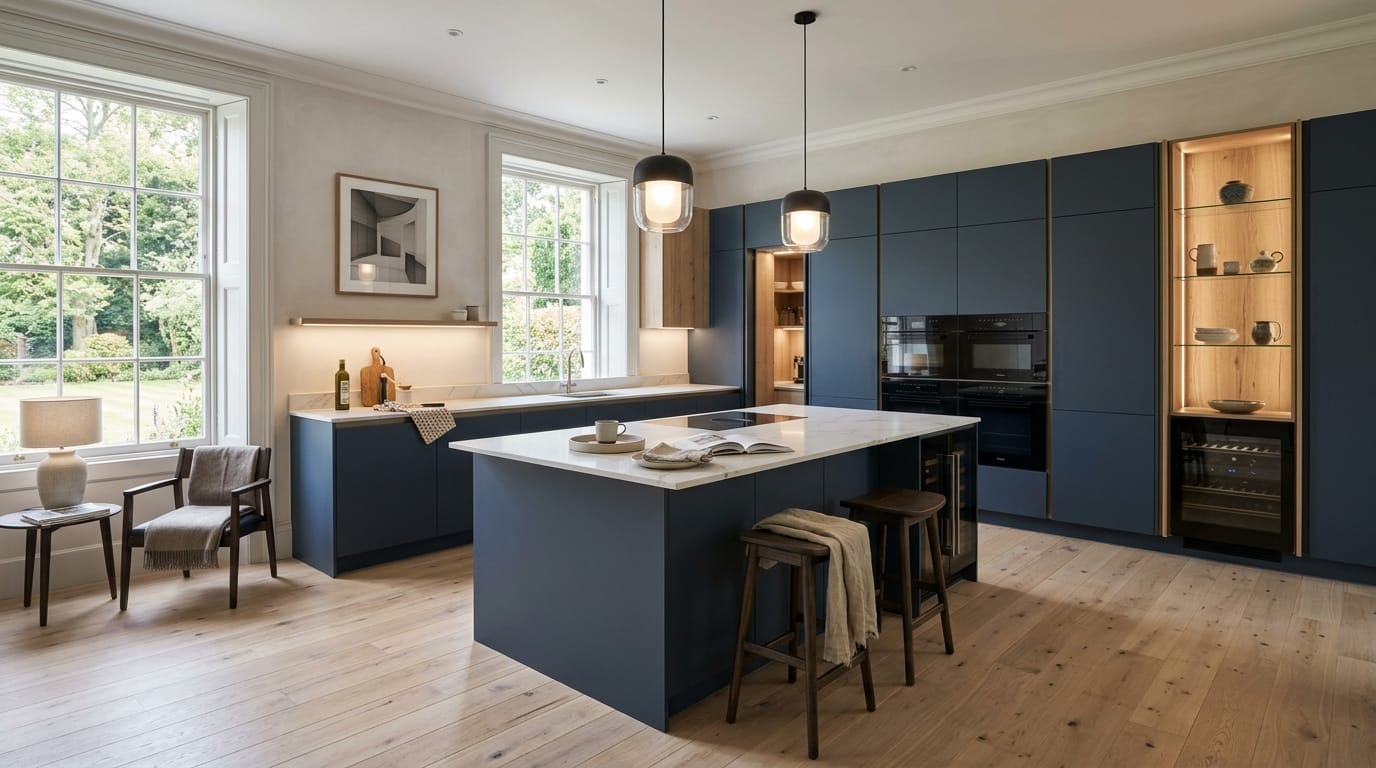Wide view of a newly completed bespoke Mastercraft kitchen in a Buckingham home, contemporary painted lay-on cabinetry in dust grey tones