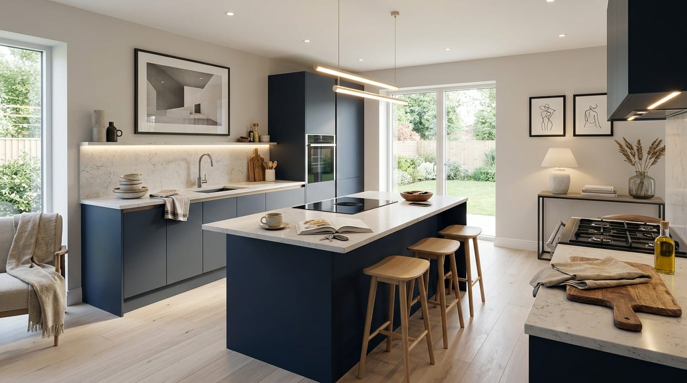 Wide view of a newly completed bespoke Mastercraft kitchen in a Chesham home, contemporary painted lay-on cabinetry in porcelain tones
