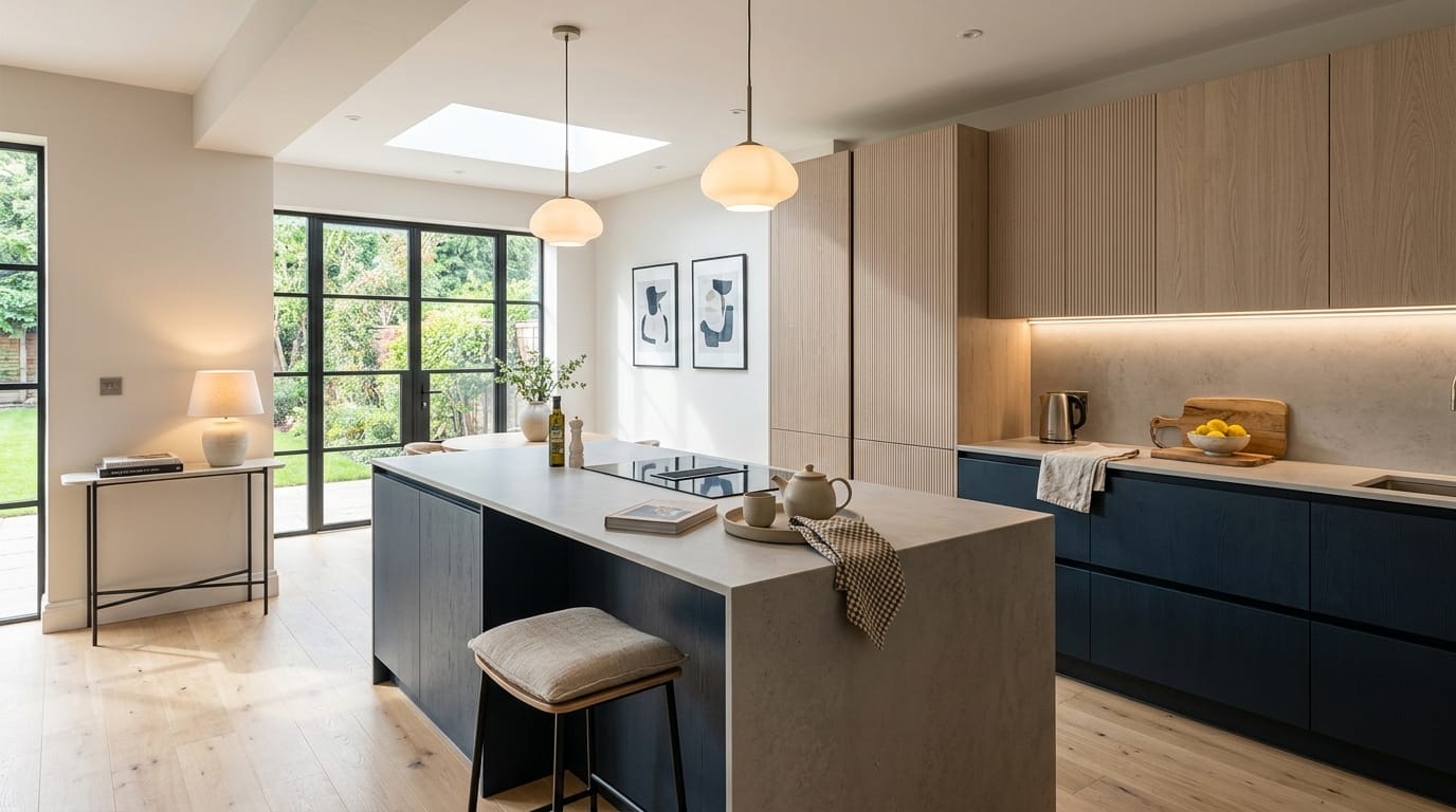Wide view of a newly completed bespoke Mastercraft kitchen in a Gerrards Cross home, matt painted handleless slab cabinetry in viridian tones