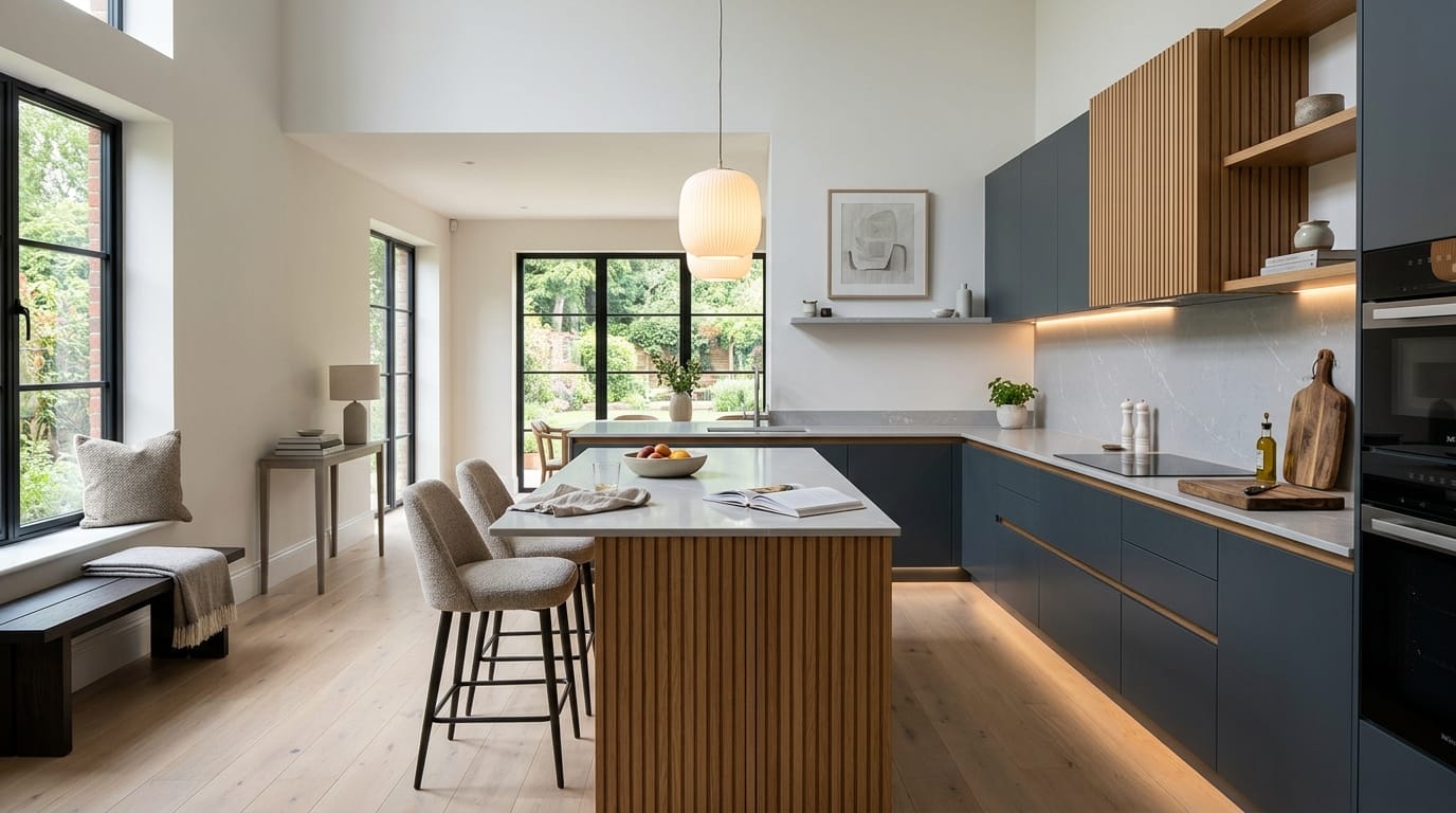 Wide view of a newly completed bespoke Mastercraft kitchen, matt painted handleless slab cabinetry in taupe grey tones