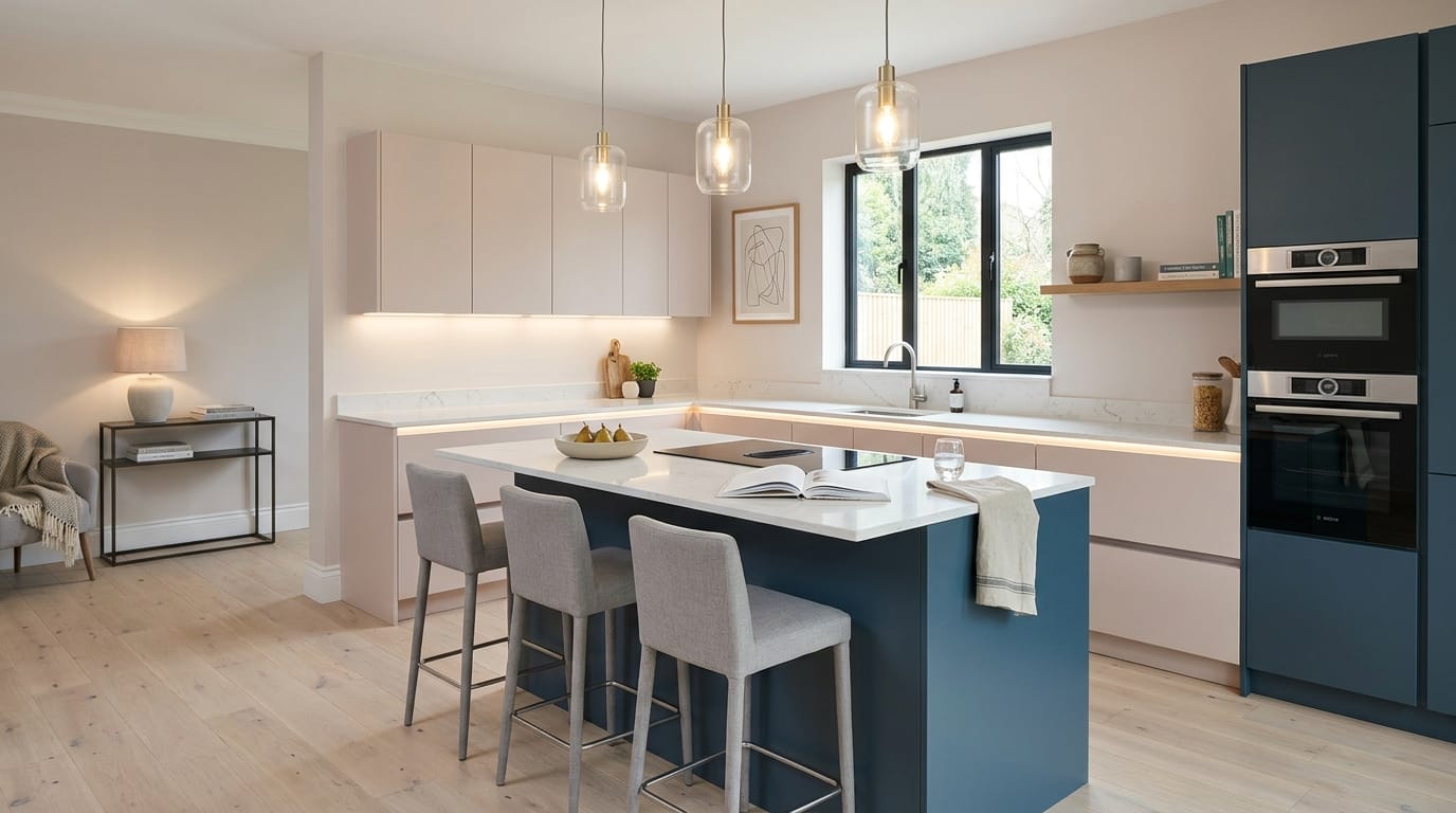Wide view of a newly completed bespoke Mastercraft kitchen in a High Wycombe home, matt painted handleless slab cabinetry in pantry blue tones