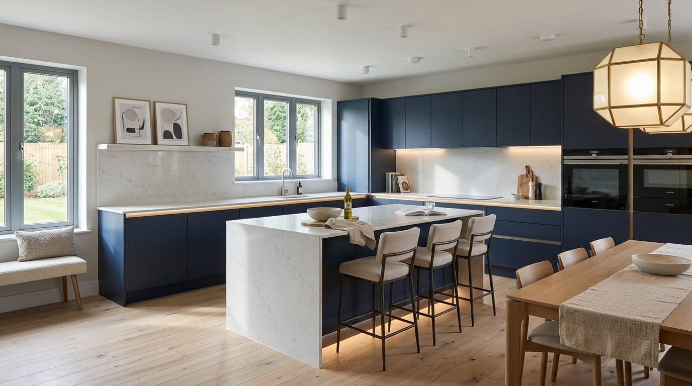 Wide view of a newly completed bespoke Mastercraft kitchen in a Milton Keynes home, matt painted handleless slab cabinetry in cardamom tones