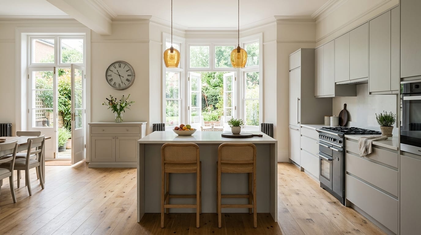 Wide view of a bespoke Mastercraft kitchen in a Tunbridge Wells home, matt painted handleless slab cabinetry in stone grey tones