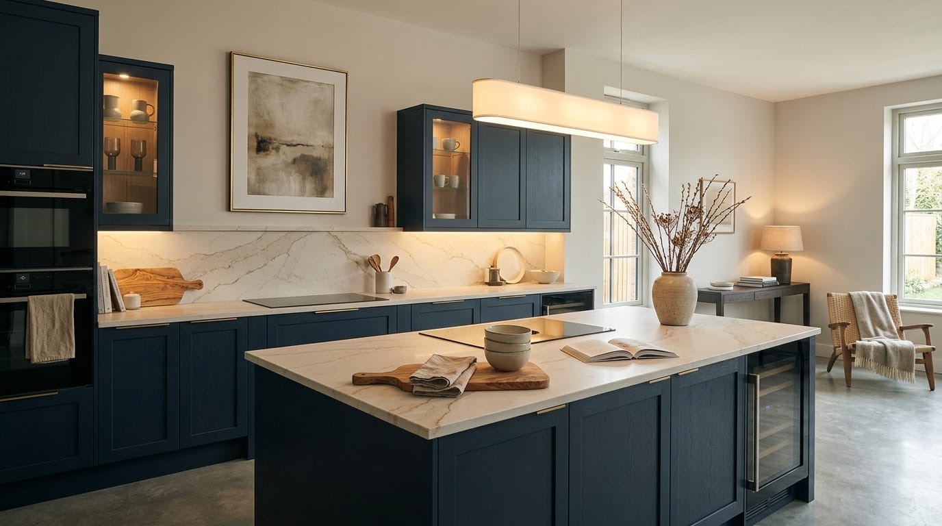 Wide view of a newly completed bespoke Mastercraft kitchen in a Princes Risborough home, modern shaker cabinetry in cashmere tones